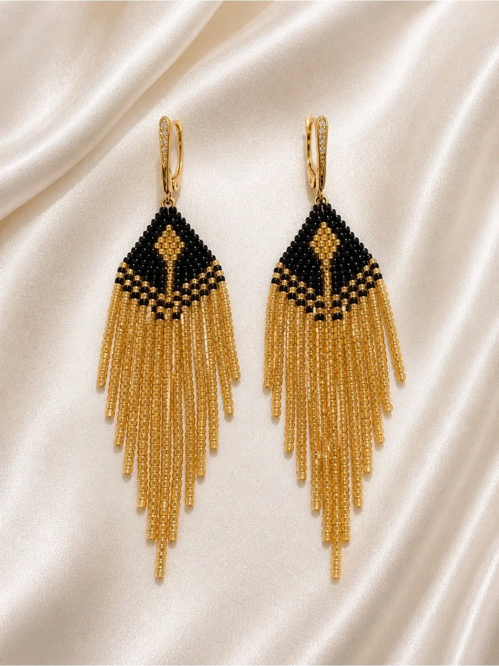 Hand made Gold and Black Beaded Fringe Earrings - Women Jewelry